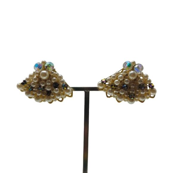 Vintage Pearl and Crystal Fan Clip-On Earrings | Hallmarked Japan - Picture 4 of 5